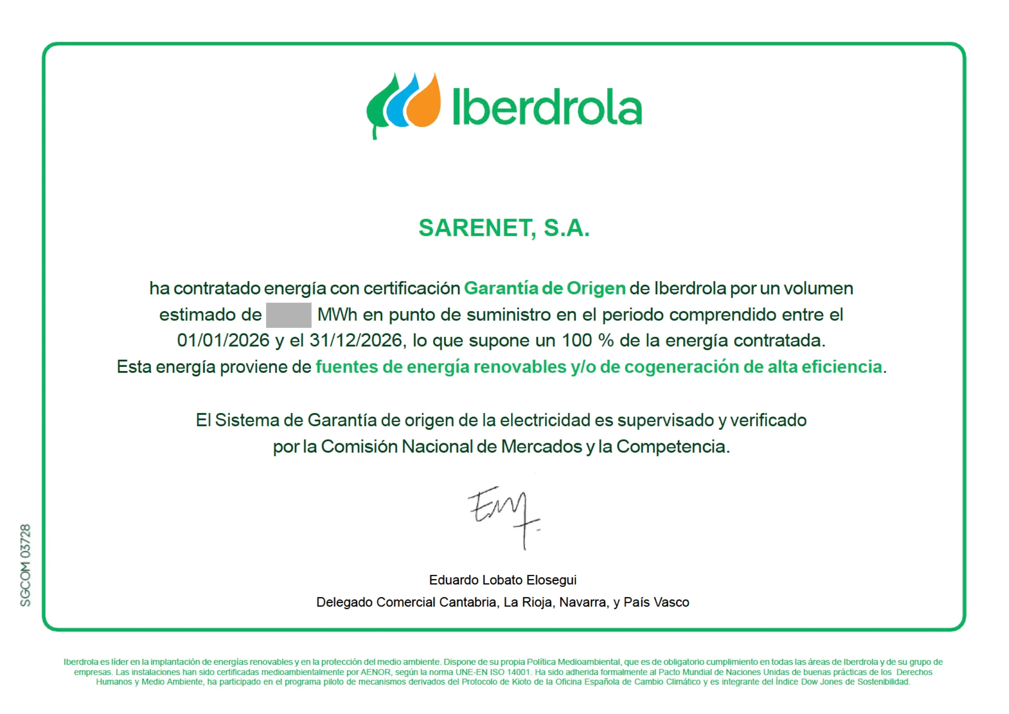 Certificado garantía origen Iberdrola